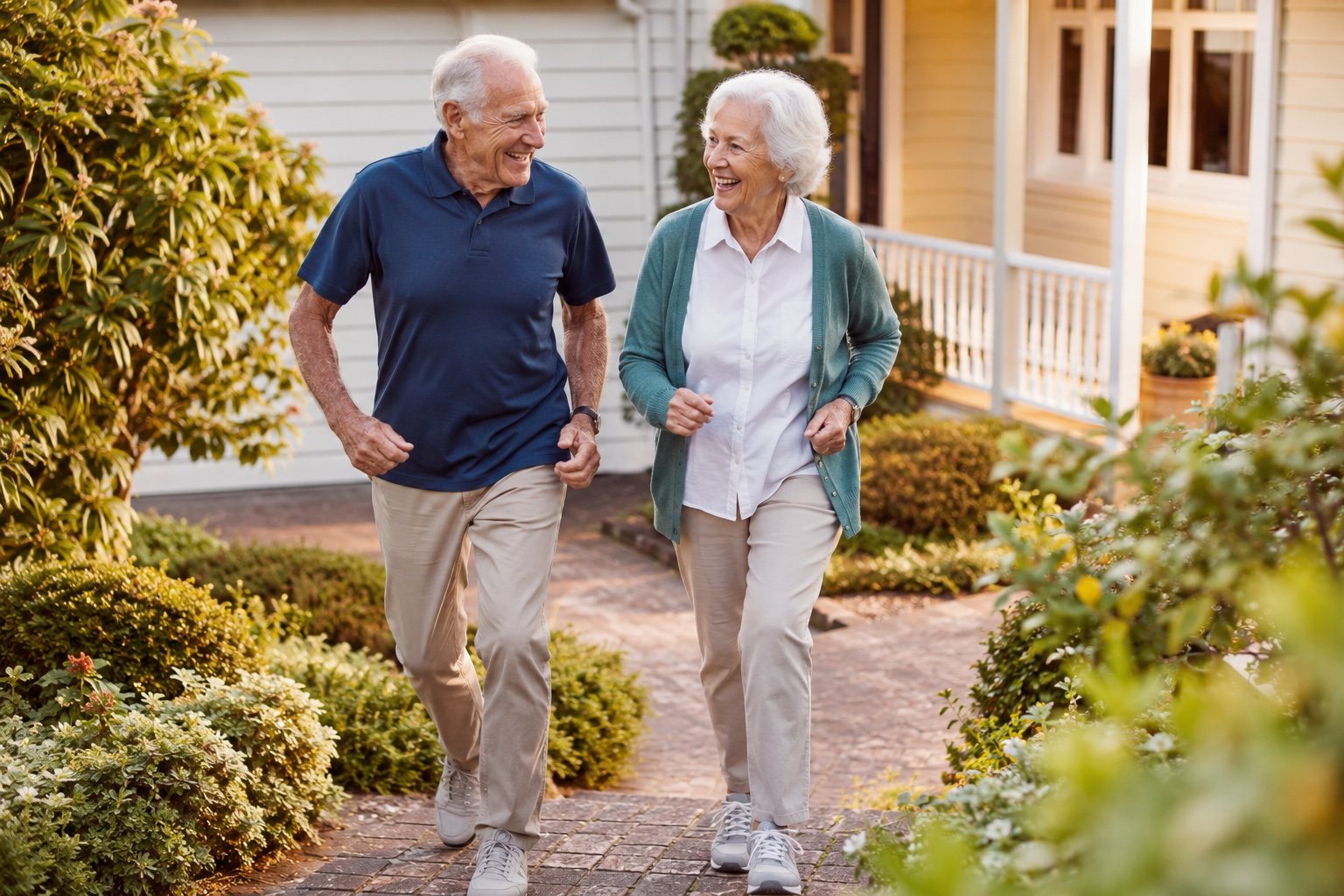 A fit couple in their eighties walking up the garden path of their weatherboard home, laughing together
