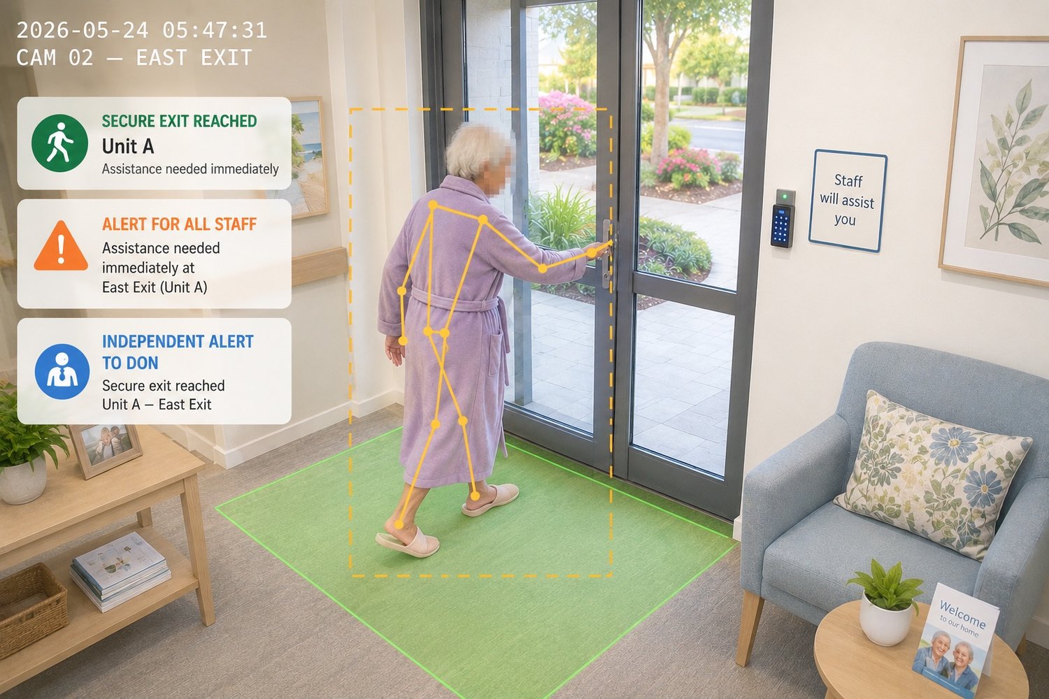 System frame: a resident in a dressing gown reaching the secure East Exit at 5:47am, pose-estimation skeleton and monitored zone overlaid, face blurred, with simultaneous alerts to floor staff and the DON
