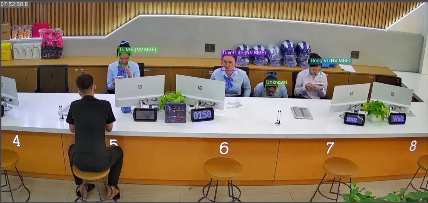 Facial recognition at a service counter: enrolled staff identified by name, unknown person flagged