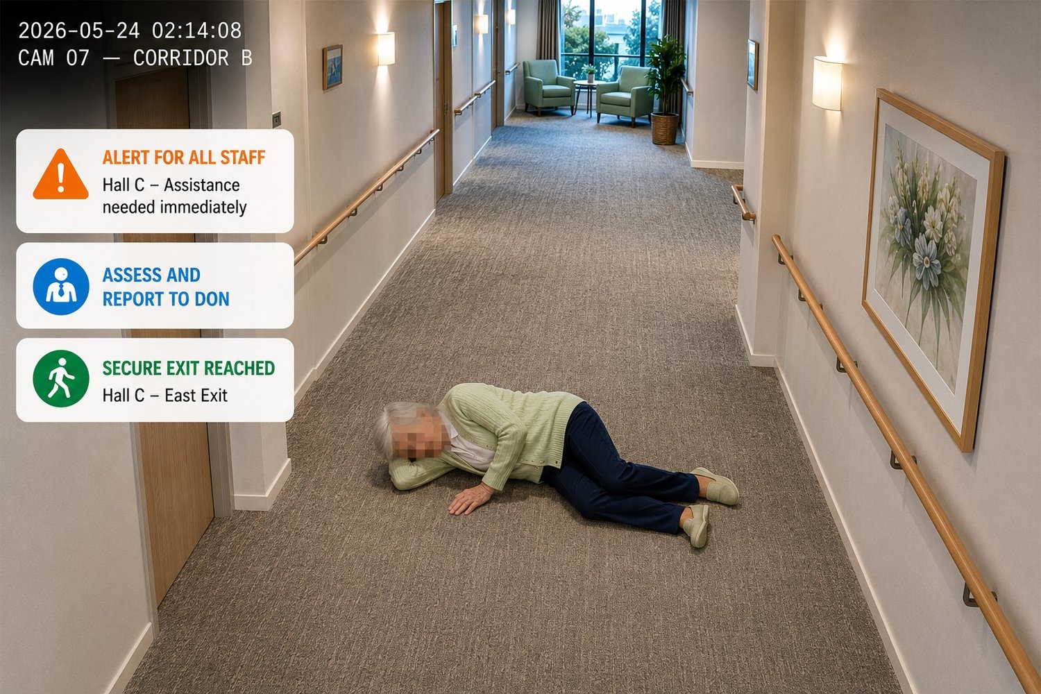 System frame: a resident who has fallen in Corridor B at 2:14am, face blurred, with an immediate alert to all staff and assessment reported to the DON