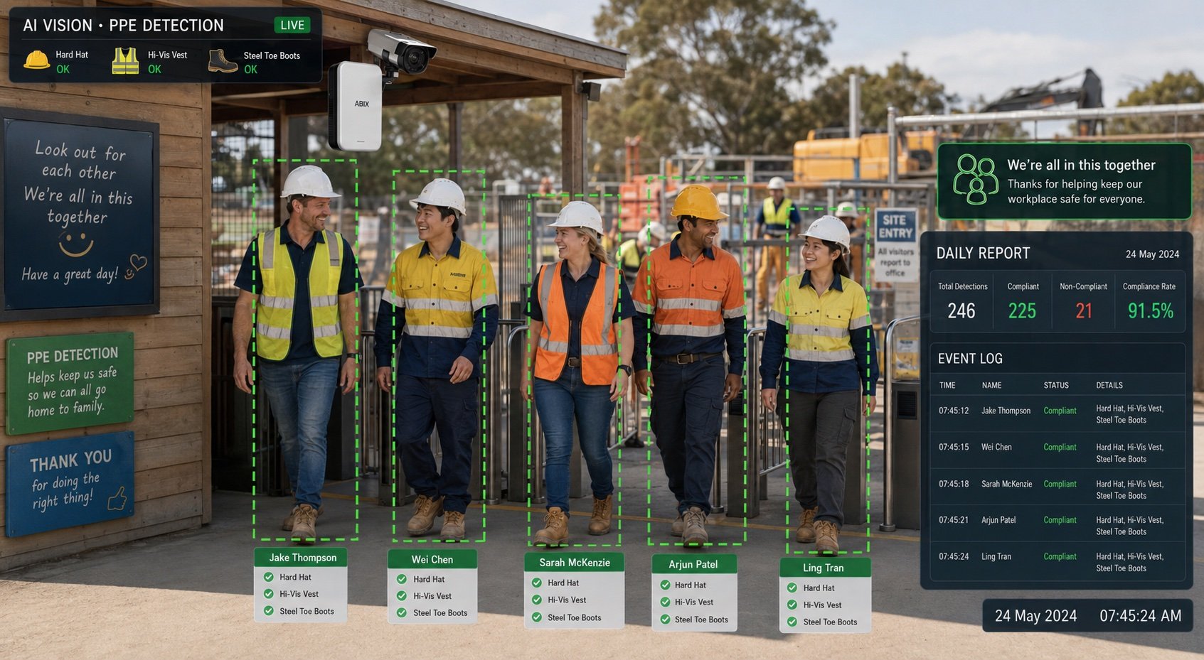 Live PPE detection at a site entry: five workers verified for hard hat, hi-vis vest and steel toe boots, with daily compliance report and event log